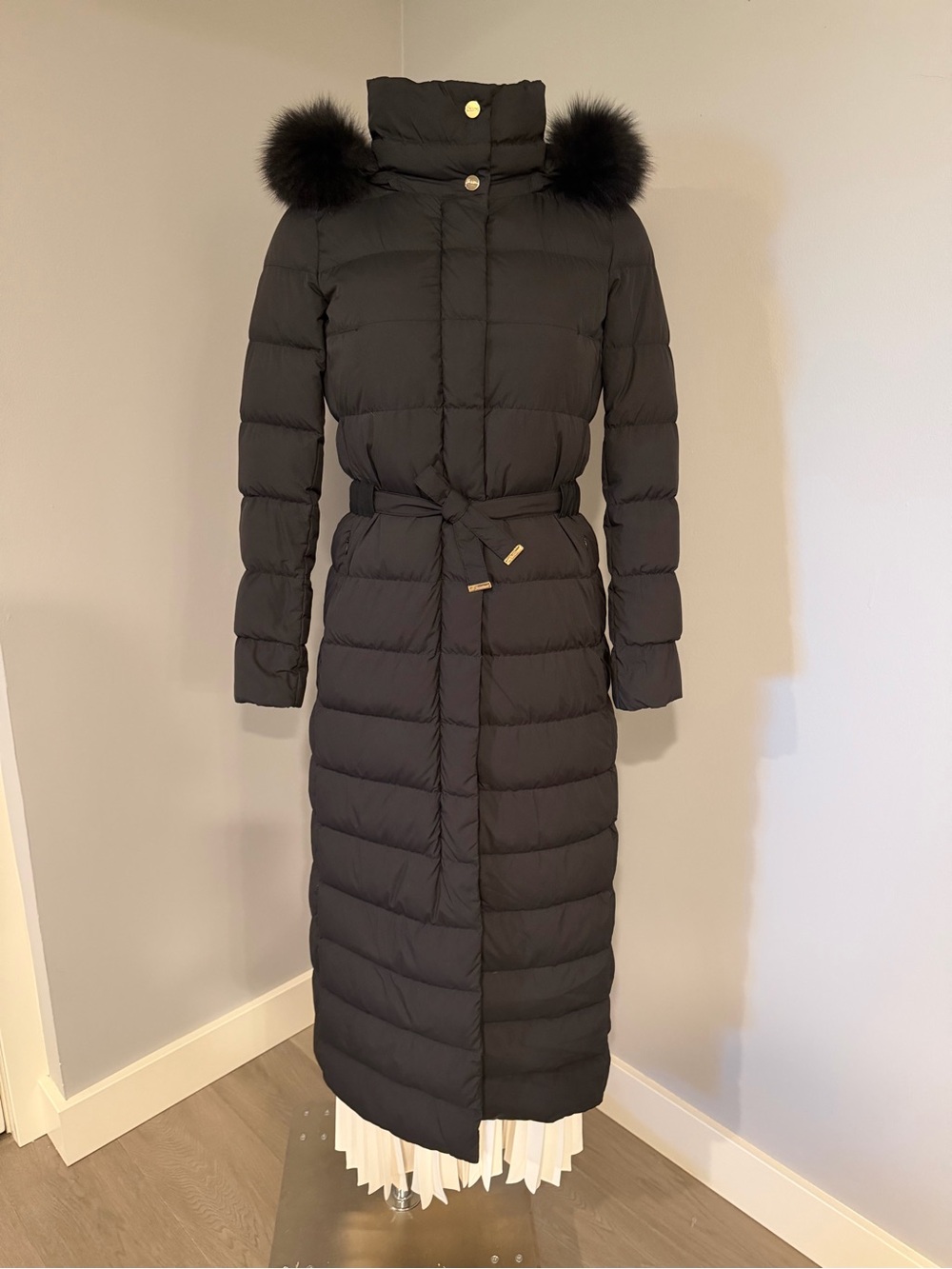 Herno Black Long Quilted Belted Puffer with Fur-Trim Hood